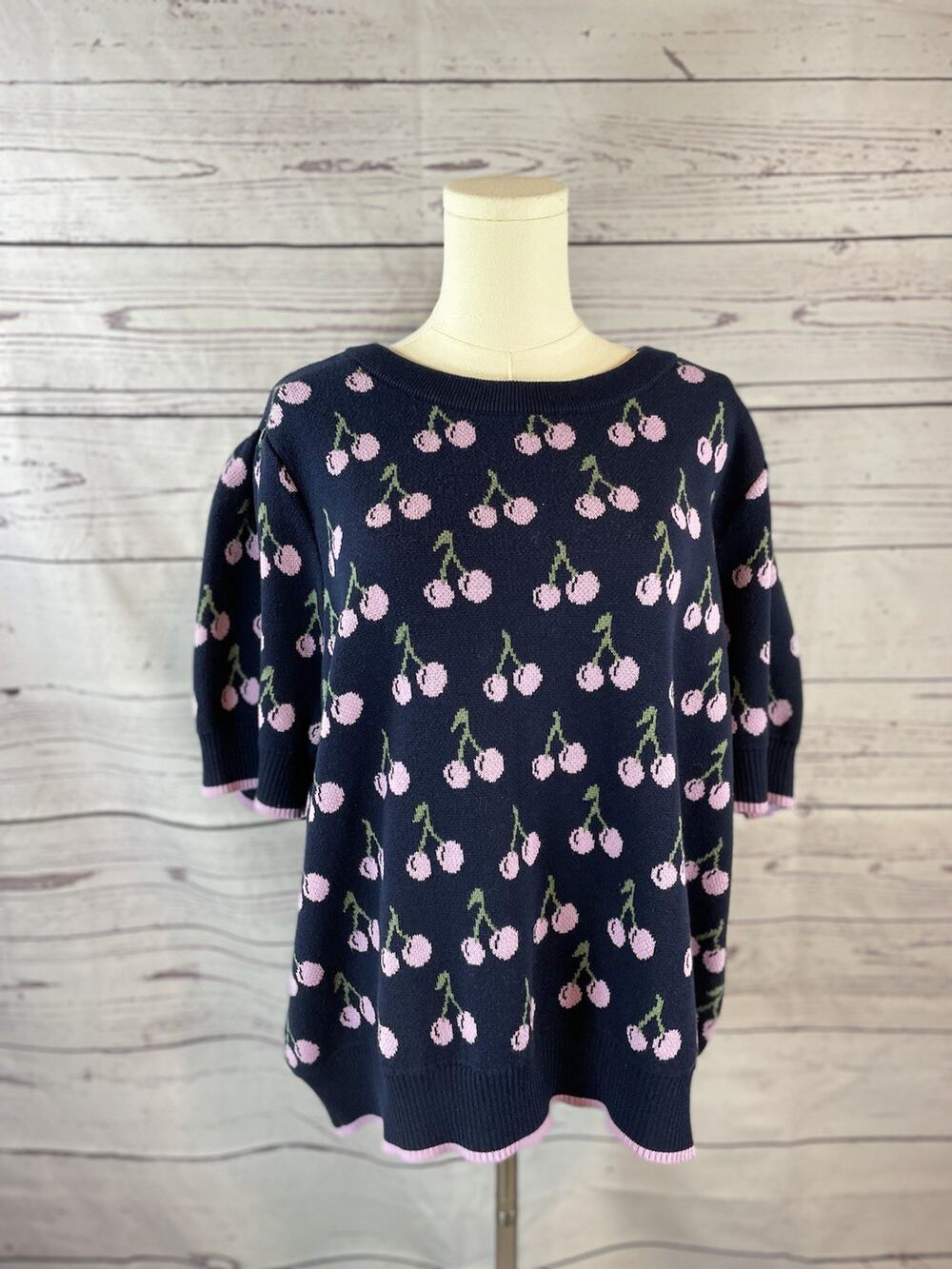 On 34th Plus Size 3X Cherry Print Sweater NWT Navy Pink Novelty Knit Pullover